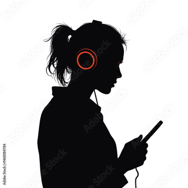 Obraz silhouette of a woman wearing headphones and using a smartphone on a transparent background, vector illustration