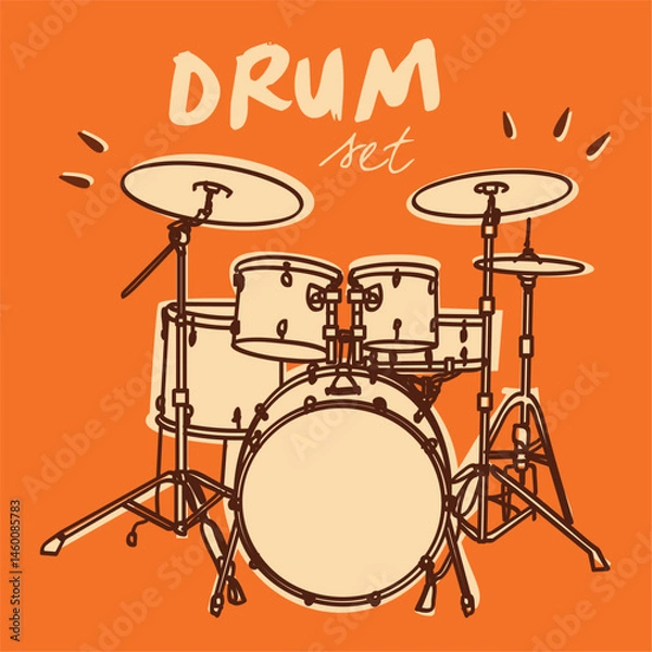 Obraz Retro-style illustration of a drum set with cymbals and bass drum. Ideal for music-themed designs, educational content, or vintage artwork with a rock or jazz vibe.