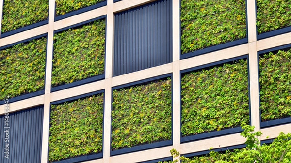 Fototapeta Green office building with plants on the facade. Ecology and green living in city, urban environment concept. Eco architecture. 