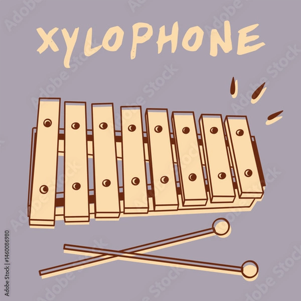 Fototapeta Retro-style illustration of a colorful xylophone with mallets. Perfect for music education, children’s learning materials, or vintage-themed design projects.