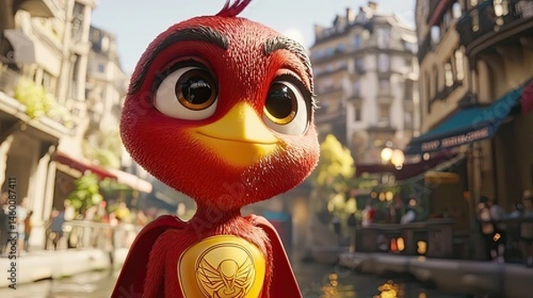 Obraz Animated bird character, charming and hopeful expression, vibrant colors, city setting