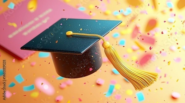 Obraz Graduation cap floating in the air, surrounded by confetti and diploma