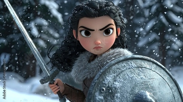 Obraz Determined girl warrior in snowy landscape, holding sword and shield