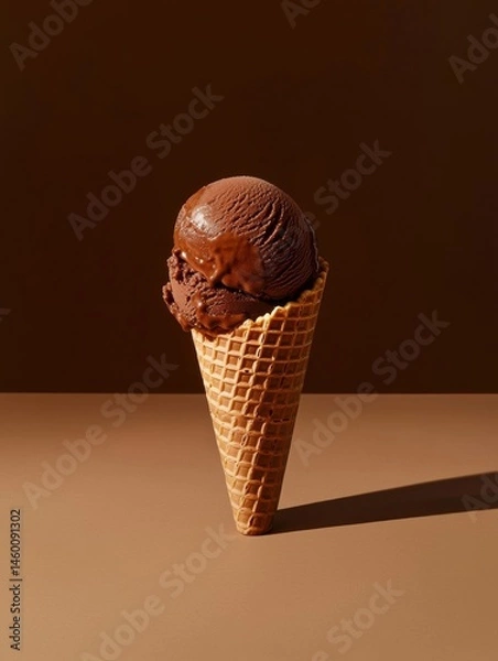 Fototapeta Waffle cone filled with a scoop of chocolate ice cream. the ice cream is a rich, dark brown color and appears to be freshly made.