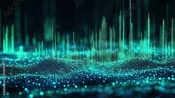 Fototapeta Abstract teal data visualization with glowing particles and lines forming a landscape.