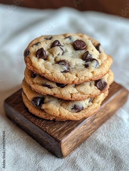Fototapeta Stack of freshly baked chocolate chip cookies on a wooden coaster. the cookies are golden brown and appear to be soft and chewy.