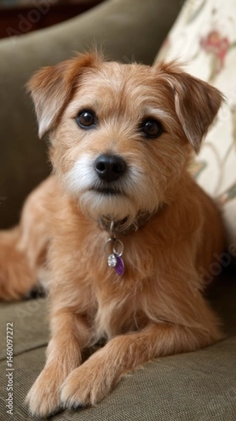 Fototapeta Adorable Terrier Mix Resting Peacefully on a Sofa Indoor Home Pet Portrait with Collar