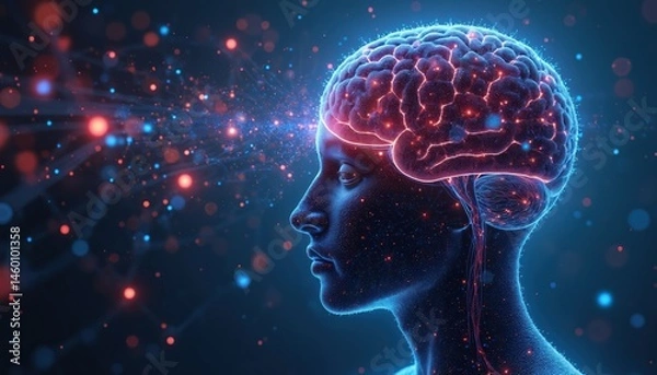 Fototapeta Illustration showing tech synergies human mind depicting AI brain. Profile silhouette with brain outlined by red energy pulses. Concept tech progress, machine learning, neural networks, digital mind.