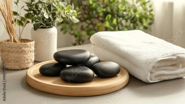Fototapeta Spa stones on wooden tray, towels, plants, wellness