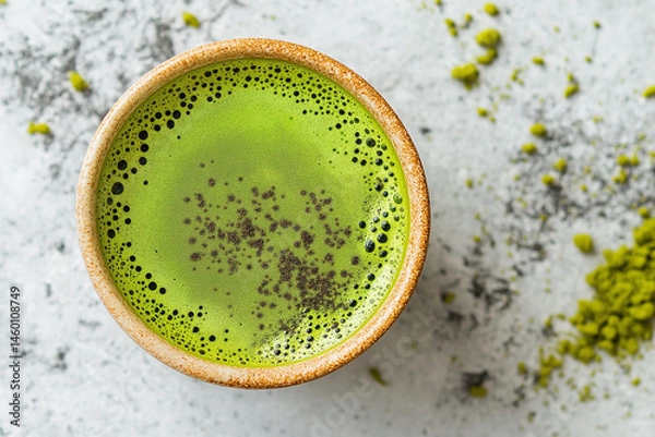 Obraz top-down view of vibrant green matcha tea in ceramic cup, with scattered matcha powder on textured gray background