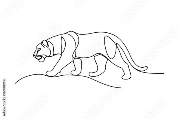 Fototapeta Line drawing of a graceful tiger walking in a continuous single black line against a white background