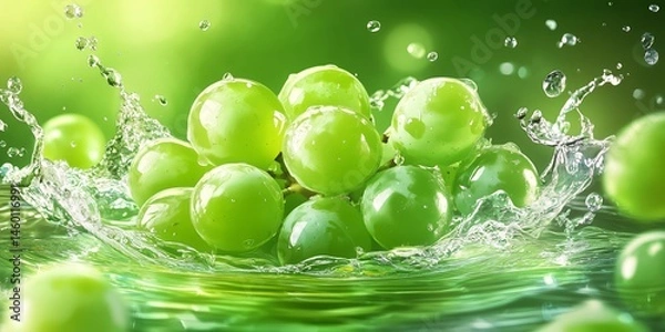 Fototapeta Minimalist creative illustration of green Shine Muscat grapes floating in mid-air, with splashes of water around them, representing freshness and purity.