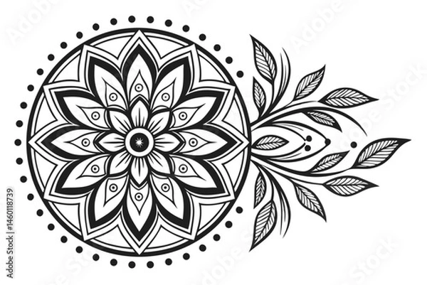 Obraz 82 Intricate black and white mandala, symmetrical floral design, ornate snowflake pattern, detailed botanical illustration, radial symmetry, geometric flower petals, decorative leaf motifs, monochrome