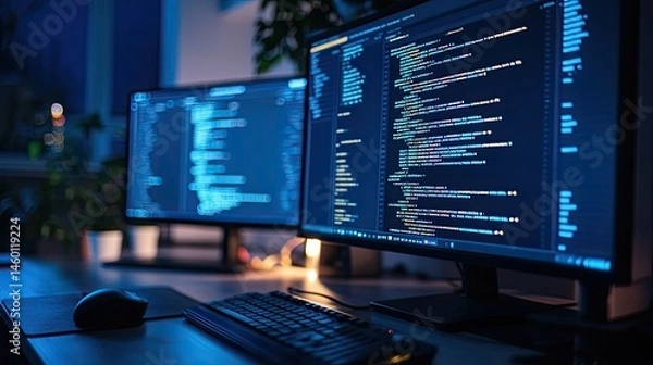 Obraz Two computer screens displaying lines of code.  Modern workspace at night