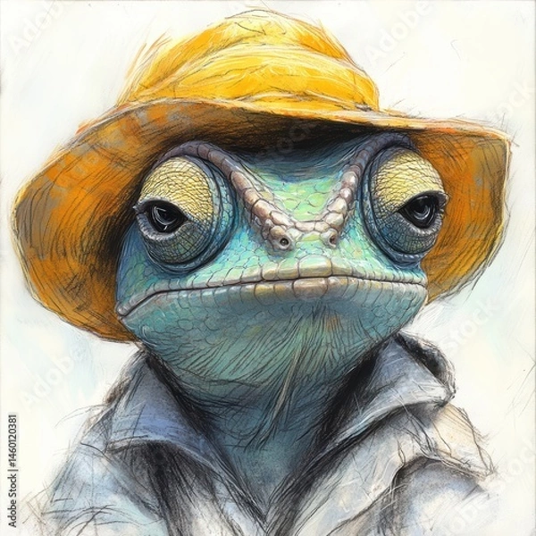 Obraz Colorful Cartoon Lizard: Whimsical Hat-Wearing Animal Character in Unique Creative Design with Smiling Eyes and Humorous Vibe