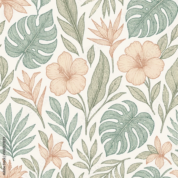 Obraz Seamless pattern of hand-drawn tropical botanical leaves and exotic flowers, vector style, suitable for wallpaper and fabric design