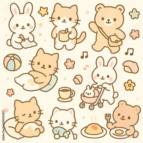 Obraz Seamless pattern of kawaii-style animal characters for kids fabric and stationery