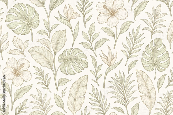Obraz Hand-drawn tropical botanical leaves and exotic flowers, intricate line art for wallpaper and fabric design