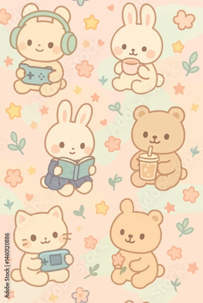 Obraz Kawaii-style animal characters, pastel background, Japanese pop style, soft outlines, suitable for kids fabric and stationery