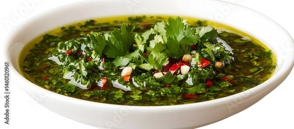 Fototapeta white bowl with argentinian chimichurri sauce with parsley, cilantro, garlic, red wine vinegar, olive oil, and red pepper flakes, isolated on a transparent background , evoking relaxed elegance