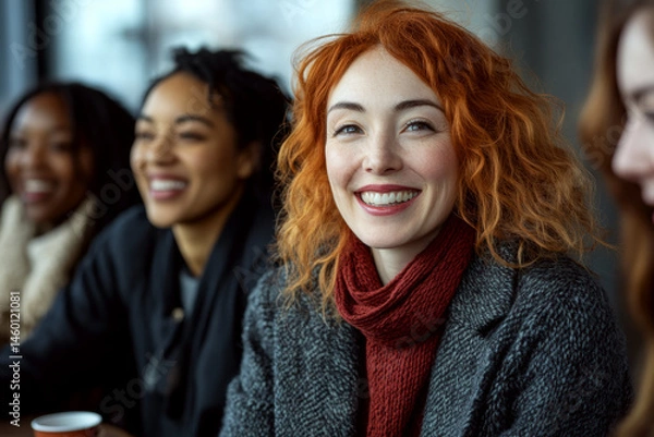 Fototapeta A smiling woman with red hair in a cozy setting, surrounded by others. Concept of happiness and friendship. For community or group event photos.