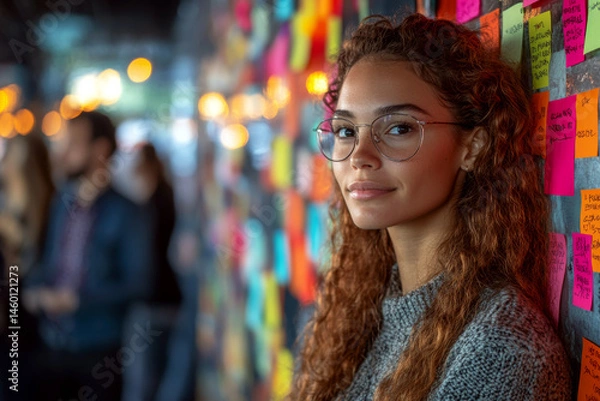 Fototapeta Young woman with glasses stands by colorful sticky notes on a wall, smiling softly. Concept of creativity and collaboration. For brainstorming session photo.