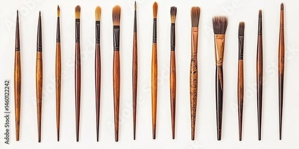 Fototapeta Artist Paintbrushes Array Set of Wooden Art Tools on White Backdrop.