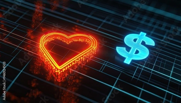 Fototapeta A glowing heart and dollar sign on a digital grid