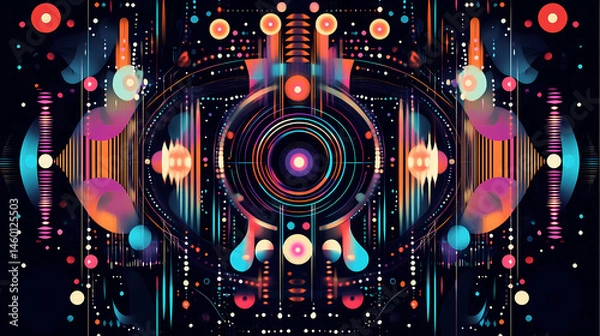Fototapeta A futuristic abstract design with colorful lines and dots. [Solar Nomads] | Beacon Tribe | flare signal. Illustration