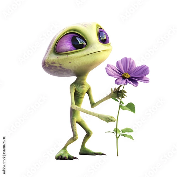 Obraz A Cartoon Alien Holding a Flower Isolated on Transparent Background