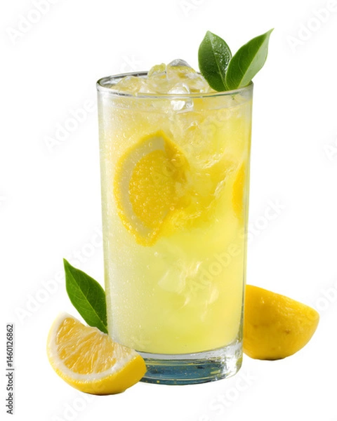 Fototapeta fresh lemonade in glass with lemon and mint on transparent background