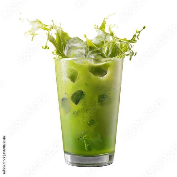 Fototapeta splashing iced matcha latte with ice cubes in glass on transparent background