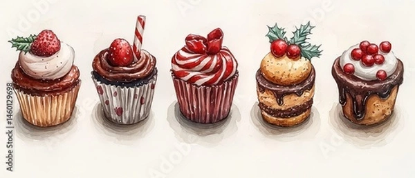 Fototapeta Five assorted cupcakes, decorated with fruit and candy, displayed in a row on a white background. Watercolor style illustration