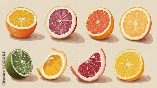 Obraz A series showcasing the various types and colors of citrus fruits, including oranges, lemons, limes, and grapefruits, arranged in an elegant composition with soft shadows on a neutral background