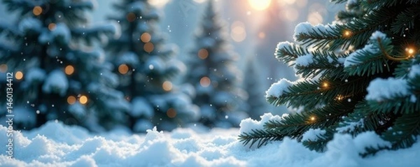 Fototapeta Frosty white snowflakes gently fall on a forest of Christmas trees, snowflake, decoration