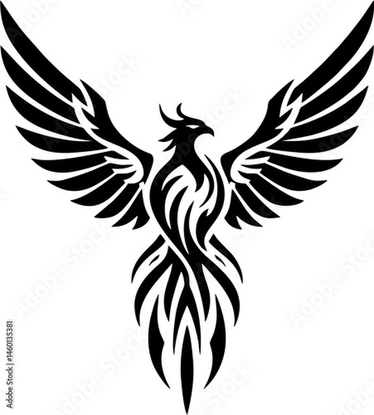 Fototapeta Simplified Phoenix Tattoo with Open Wings and Fire-Tipped Feathers