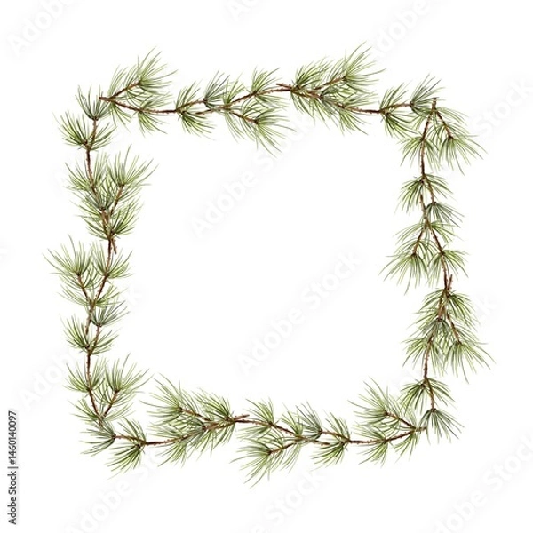 Fototapeta Christmas spruce and pine branch square frame Watercolor template on white. Hand drawn illustration for New Year and winter holidays designs in realistic style