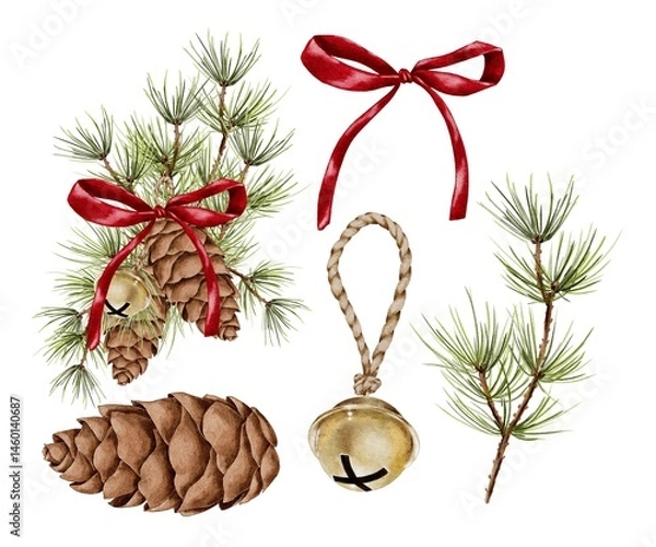 Fototapeta Christmas spruce and pine branch with cones with red bow and gold bell Watercolor composition on white. Hand drawn illustration for New Year and winter holidays designs in realistic style