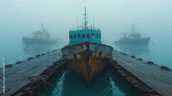 Obraz Misty harbor scene, weathered ships moored