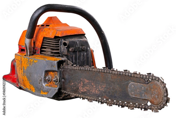 Obraz An old, neglected and rusty petrol saw for cutting wood and felling trees in the forest.