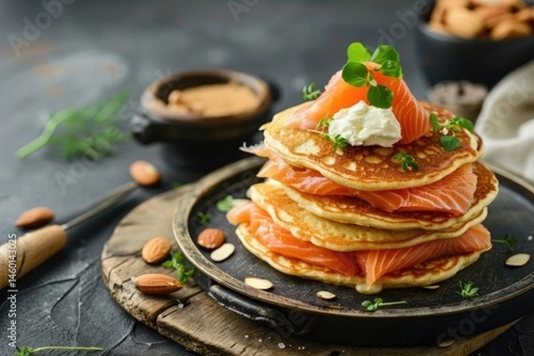 Obraz pancakes with salmon and sour cream on wooden board with almonds topping on gray background