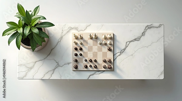 Fototapeta Aerial view of a chessboard with elegant white and black pieces, complemented by a vibrant green potted plant on a marble table.