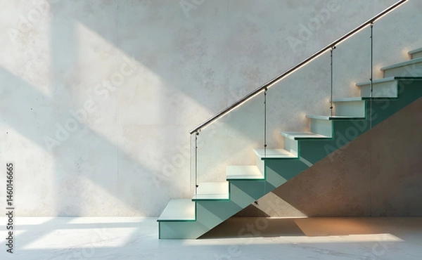 Fototapeta A clean and modern glass staircase with a minimalist landing against a backdrop of neutral gray background. A sleek metal railing with a subtle brushed finish descends into the distance, providing dep