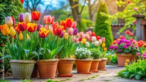 Fototapeta A vibrant garden path lined with terracotta pots filled with colorful tulips blooming in the springtime sun