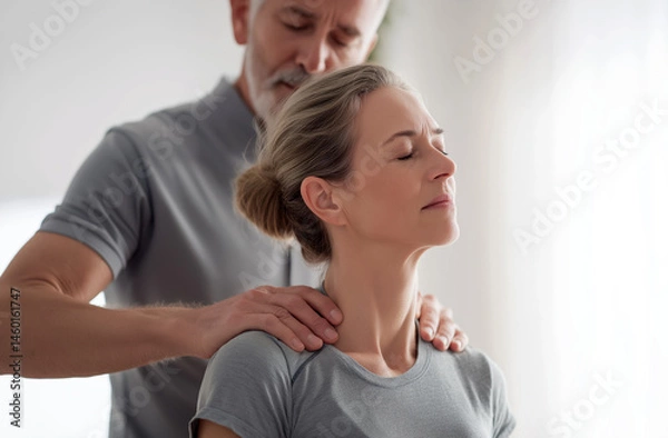 Fototapeta Calming Touch: A serene scene capturing a moment of healing, where a skilled therapist provides a gentle neck massage to a patient, invoking tranquility and well-being.