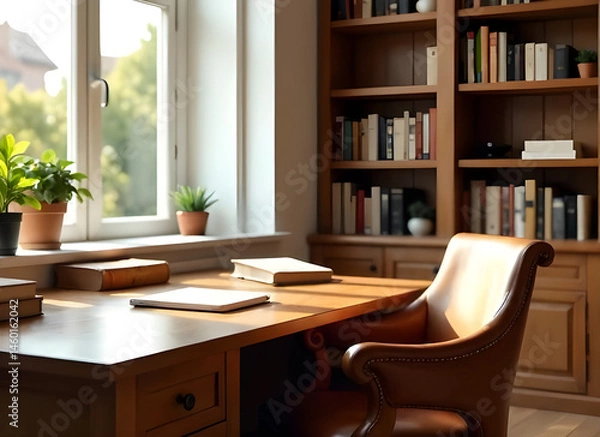 Fototapeta A minimalist wooden desk with a leather office chair in a bright and airy natural light-filled library setting. Include a beautiful wooden library ladder in the background, with a few empty bookshelve