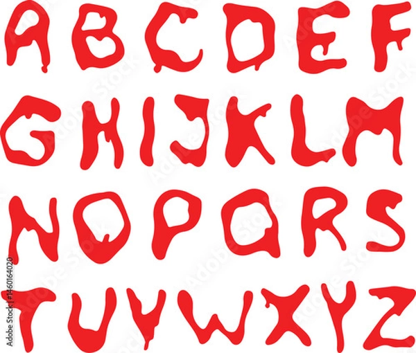 Fototapeta Melted dripped red font letters for graffiti. Latin alphabet A to Z abc. Concept of scary typography horror calligraphy.