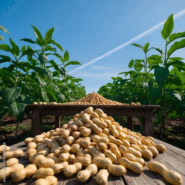 Fototapeta "Harvested Peanuts on Wooden Table in a Field with Lush Green Plants and Blue Sky"