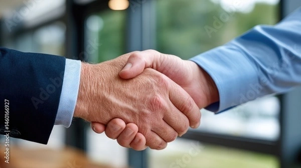 Fototapeta Two business professionals shaking hands in agreement, symbolizing partnership and trust.