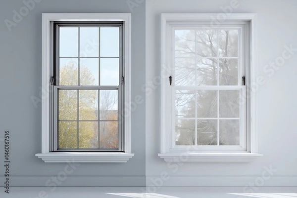 Fototapeta Two windows, one with energy efficient glass and one without, showcasing energy savings.